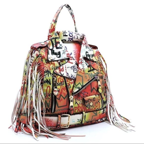 Multi Graffiti Motorcycle Jacket Fringe Backpack - Picture 3 of 8